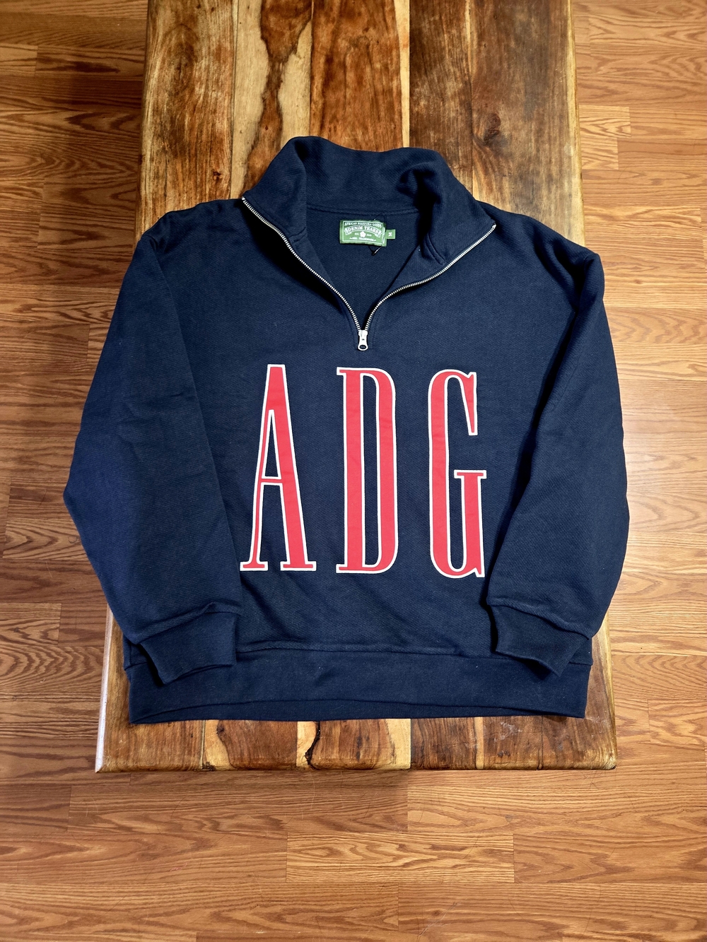 Denim Tears Men's Heavyweight ADG Navy Quarter-Zip Sweatshirt. Size Medium